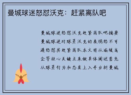 曼城球迷怒怼沃克：赶紧离队吧